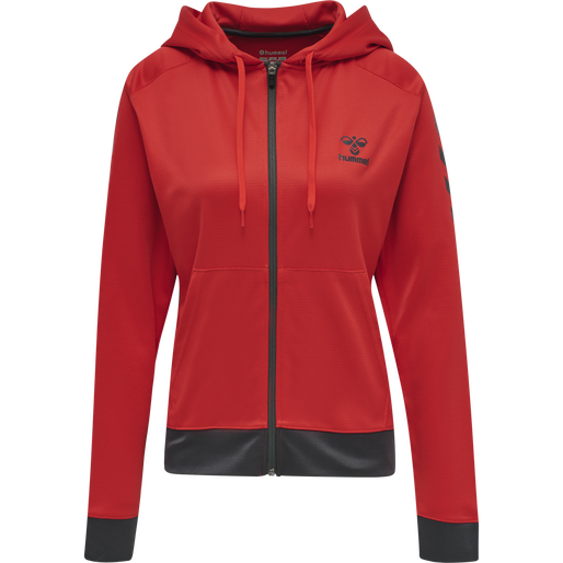 hmlACTION POLY ZIP HOODIE WOMAN, FLAME SCARLET/EBONY, packshot