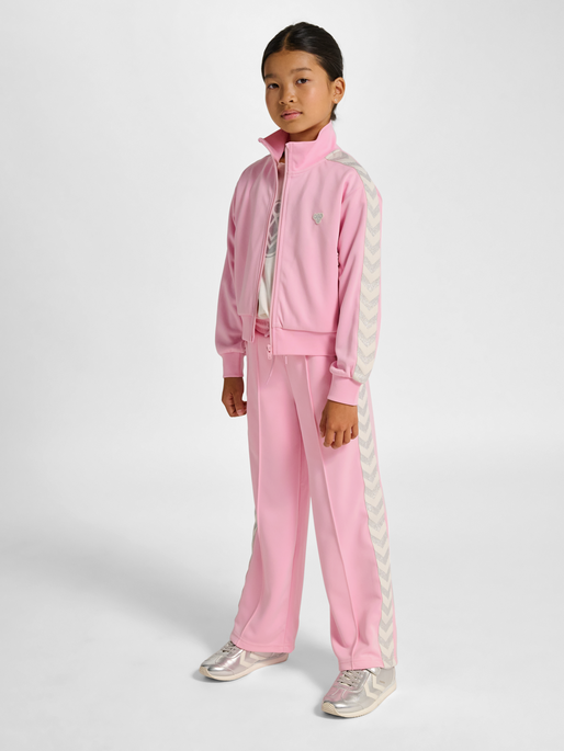 hmlJR REG POLY TAPE GIRL ZIP JACKET, ROSEATE SPOONBILL, model