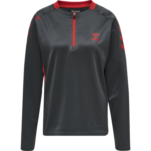 hmlACTION POLY HALF ZIP SWEAT WOMAN, EBONY/FLAME SCARLET, packshot