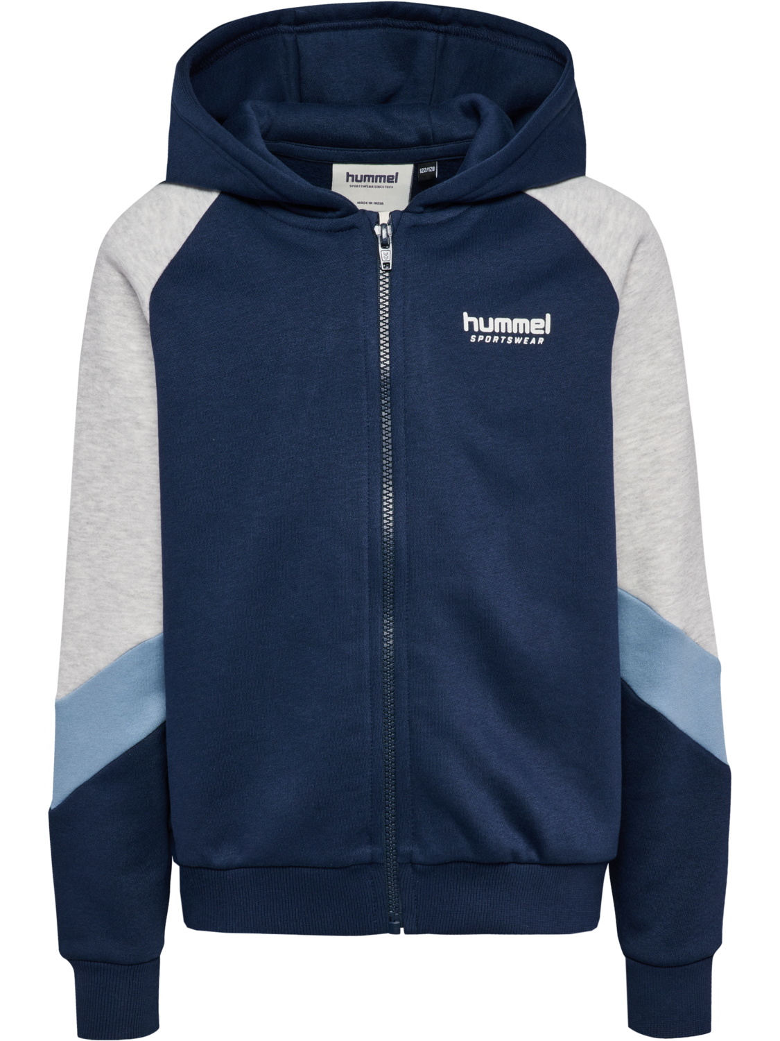 hmlJR LOOSE BLOCKED ZIP HOODIE, DRESS BLUES/FADED DENIM, packshot