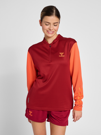 hmlONGRID 1/2 ZIP POLY SWEAT WO, RHUBARB, model