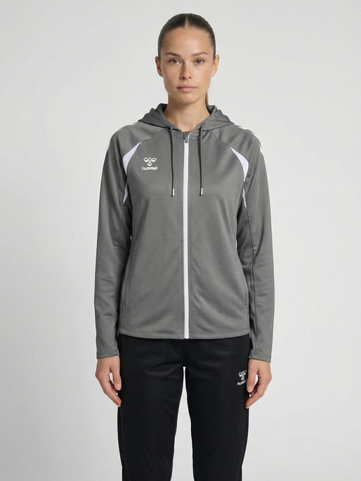 hmlCORE 2.0 ZIP HOODIE WOMAN, STEEL GRAY/WHITE, model