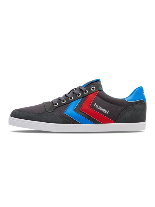 HUMMEL SLIMMER STADIL LOW, CASTLEROCK/RIBBONRED/BRIL BLUE, packshot