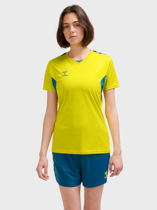 hmlAUTHENTIC PL JERSEY S/S WOMAN, SULPHUR SPRING/BLUE CORAL, model