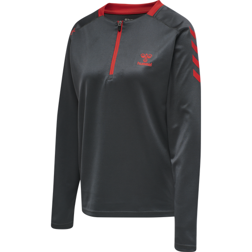 hmlACTION POLY HALF ZIP SWEAT WOMAN, EBONY/FLAME SCARLET, packshot